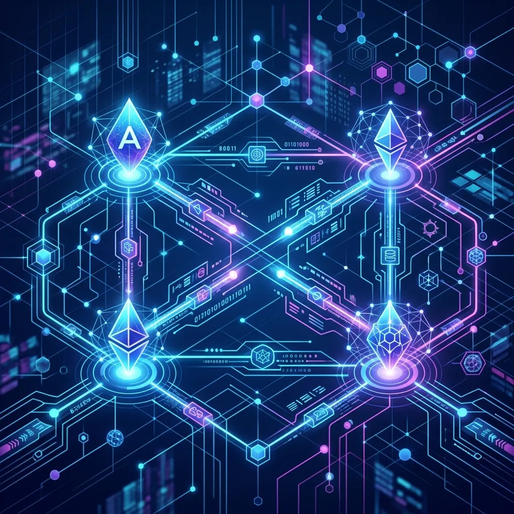 Abstract visualization of AI agents communicating via structured network protocols
