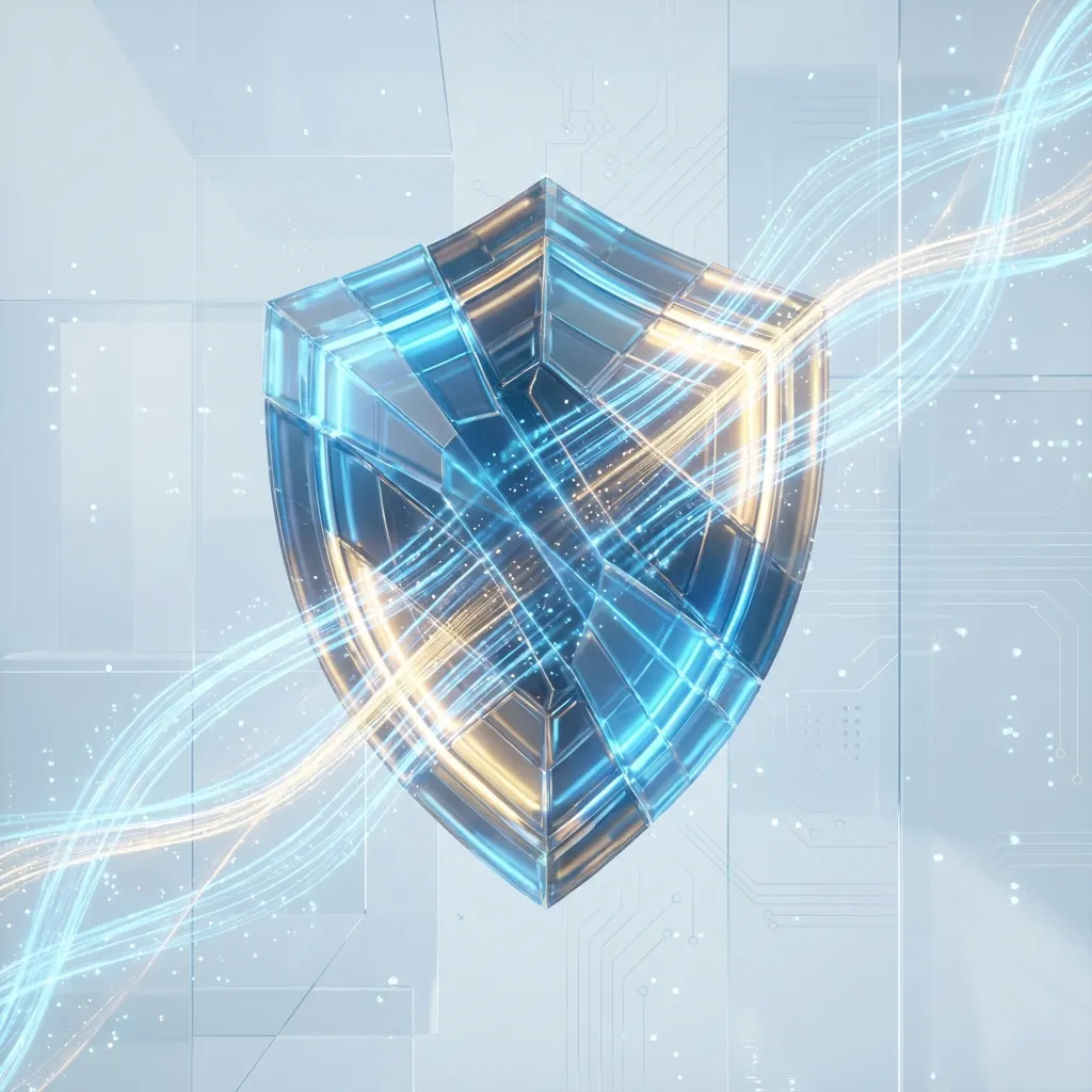 Abstract visualization of digital trust and security with cyber blue and gold shield geometry.