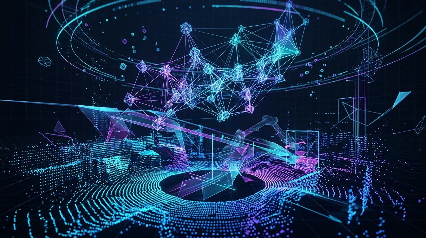 Abstract 3D spatial world model visualization representing physical AI and spatial intelligence