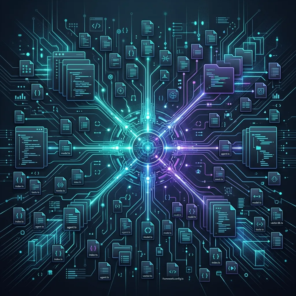 Abstract visualization of Vercel Eve, a filesystem-first AI agent framework with glowing nodes and TypeScript files.