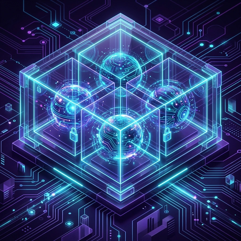 Abstract visualization of Windows Execution Containers (MXC) securing autonomous AI agents in an OS-level sandbox.
