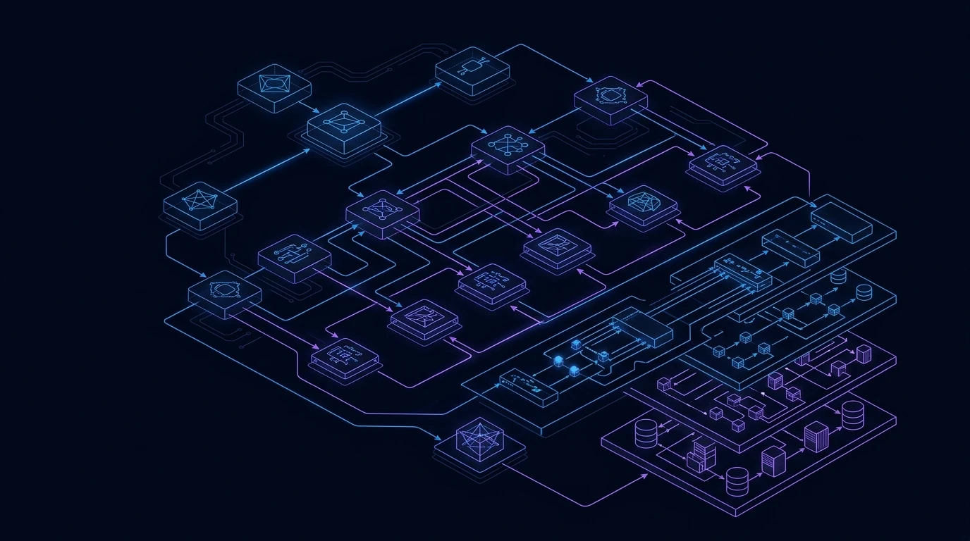 Minimalist dark slate blueprint schematic illustrating Gemini universal agent orchestration and four-tier persistent memory topology.