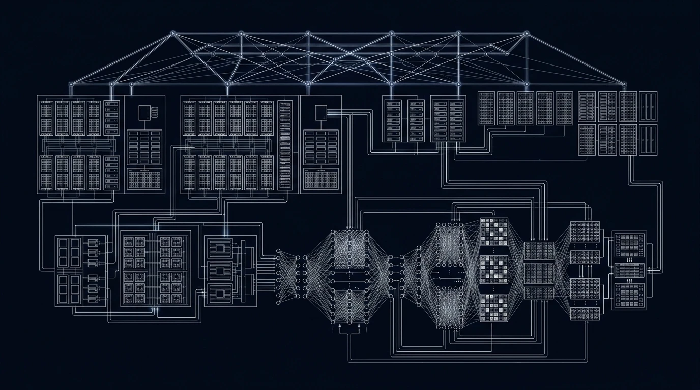 Minimalist dark slate blueprint schematic illustrating xAI Colossus 2 distributed Blackwell GPU cluster topology.